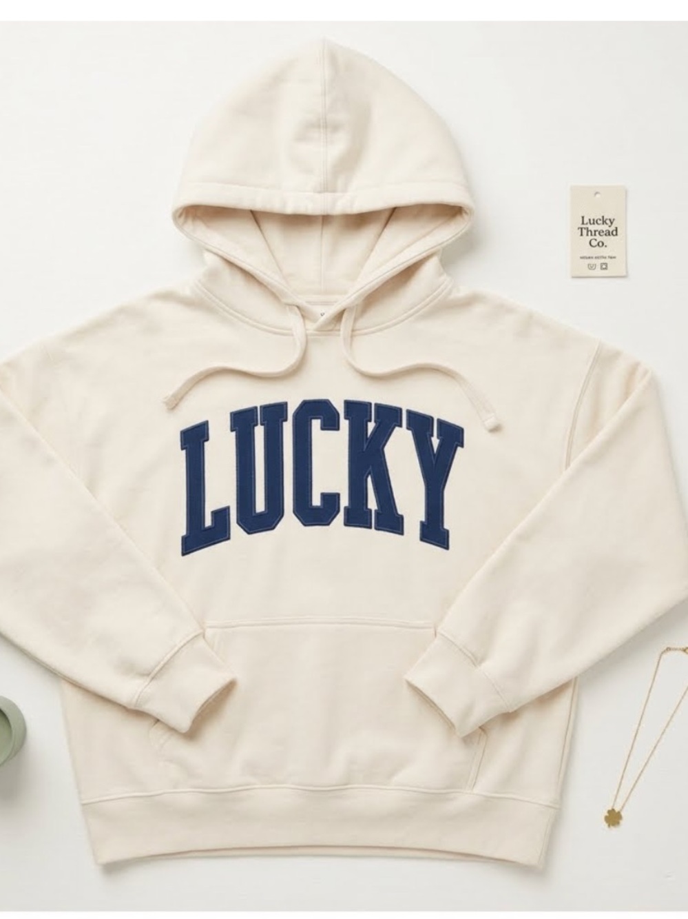 Lucky Brand Women's Varsity Arch Logo Pullover Hoodie - Cream/Navy - Size S